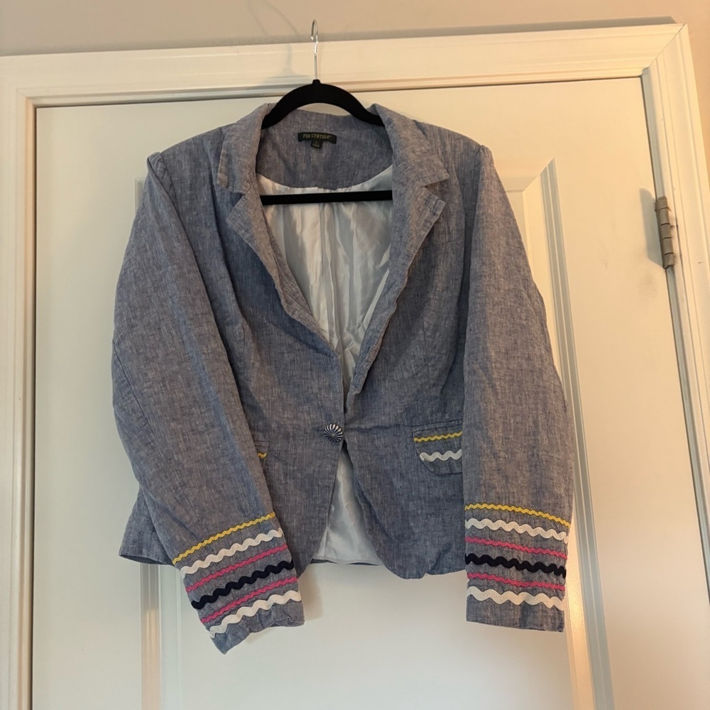 For Cynthia Women's Gray Multicolor Accents Linen/Cotton Blend Blazer - Picture 3 of 14